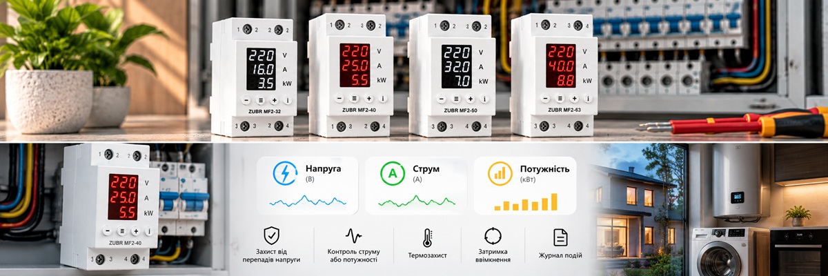Функции реле ZUBR MF2 — контроль напряжения, тока и мощности, защита от перепадов напряжения
