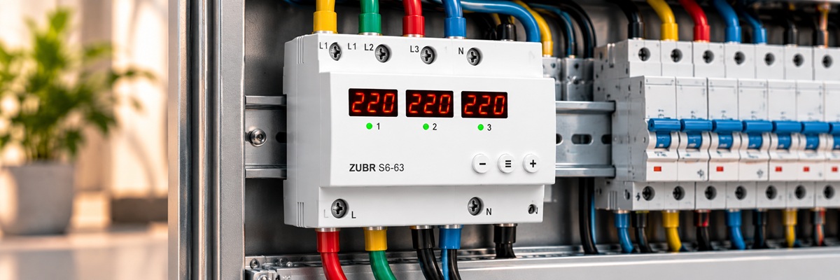 Автоматический переключатель фаз ZUBR S6-63 в электрическом щите на DIN-рейке